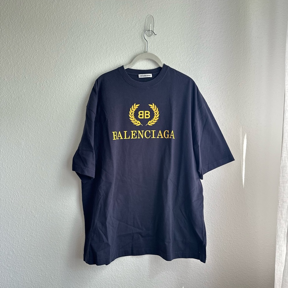 Balenciaga Men's Navy T-Shirt with Yellow Logo